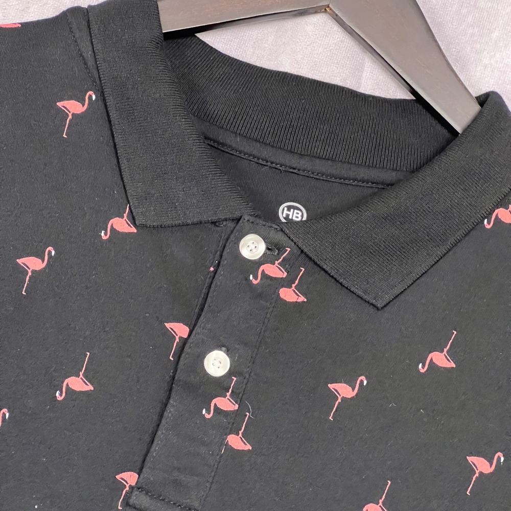 HB Flamingo Print Polo Shirt Mens 2XL Black Pink Excellent Short Sleeve Cotton